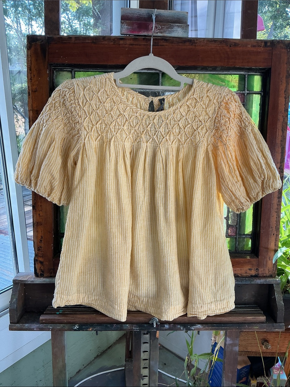 Anthropologie Pale Yellow Smocked Puff Sleeve Blouse